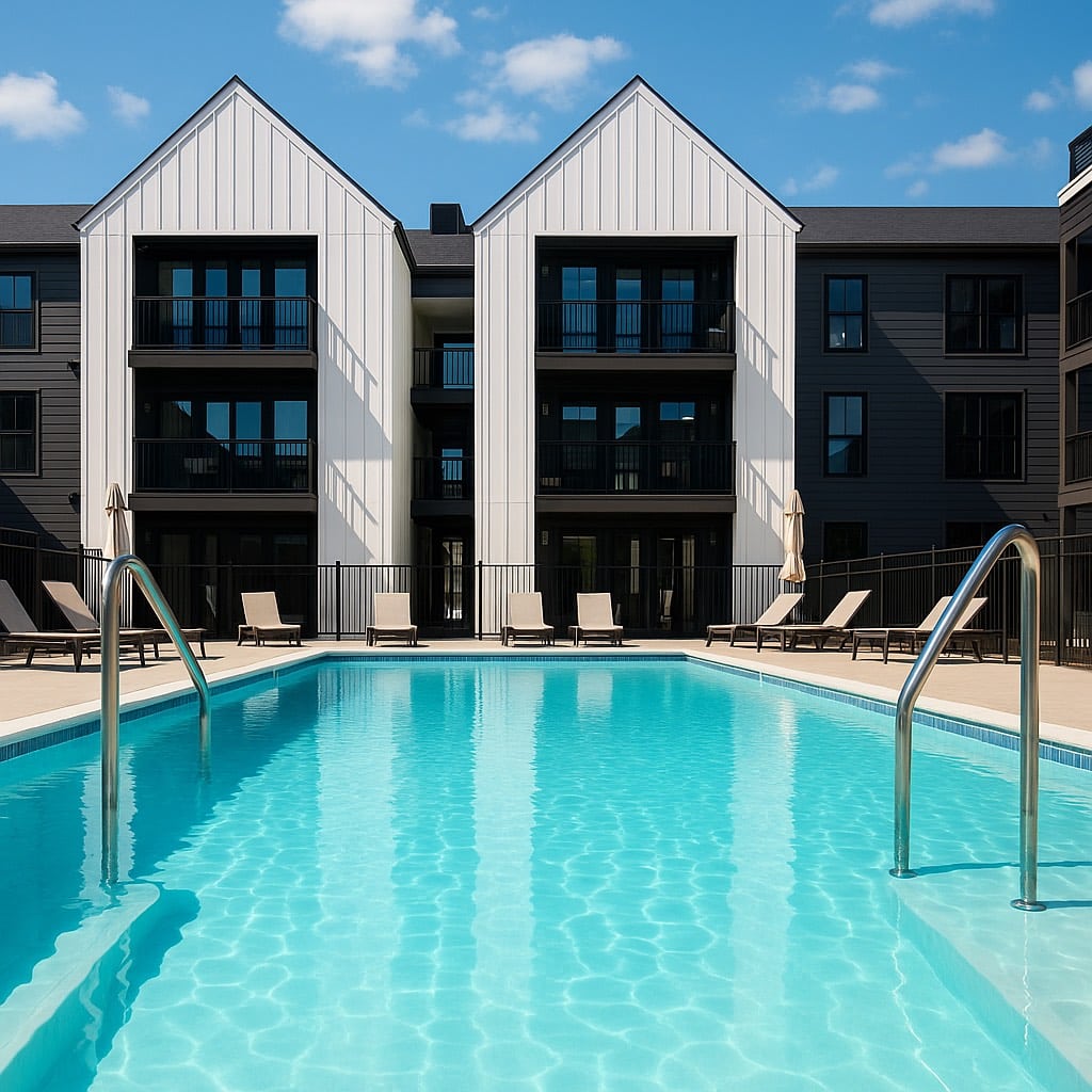 Discover urban convenience at The Mill on Flax: a rectangular outdoor swimming pool with metal handrails, surrounded by lounge chairs, sits in front of a modern apartment building with striking white and dark siding.