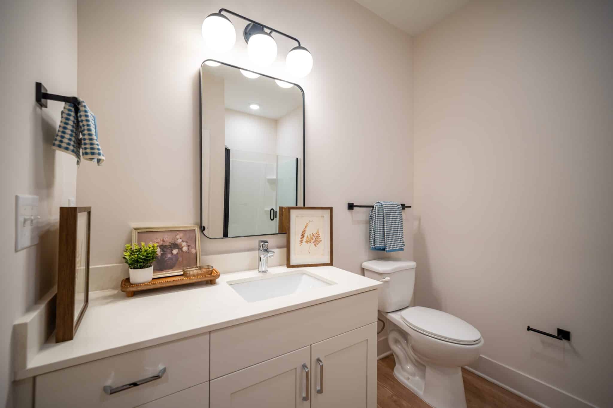 A modern bathroom with a white vanity, rectangular mirror, toilet, towel racks with blue towels, framed art, and a small potted plant on the counter.