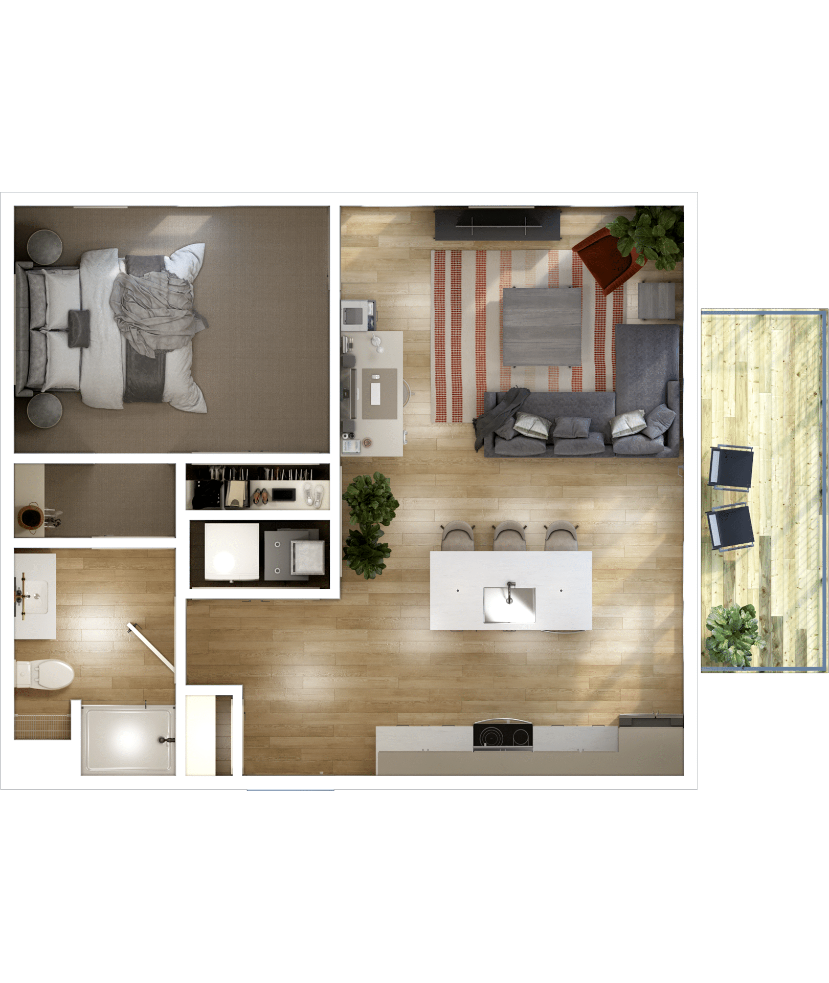 Top-down view of a modern studio apartment layout with a bedroom, bathroom, open kitchen, living room, and a balcony with outdoor seating.
