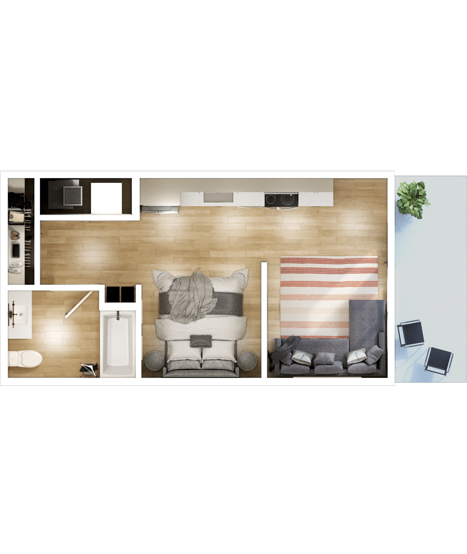 Top-down view of a studio apartment featuring a bed, kitchen, bathroom, living area with a sofa, and a balcony with outdoor chairs and a small table.