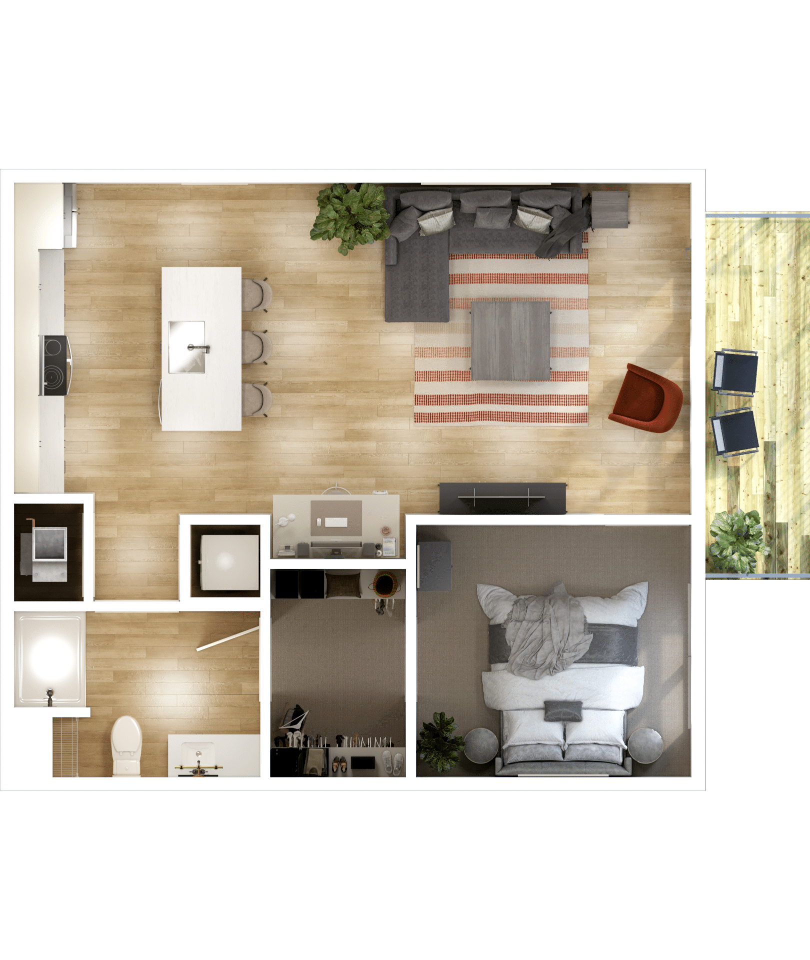 Top-down view of a stylish studio apartment floor plan featuring a kitchen, dining area, living room, bathroom, bedroom, desk, and a cozy outdoor patio with a table and chairs.
