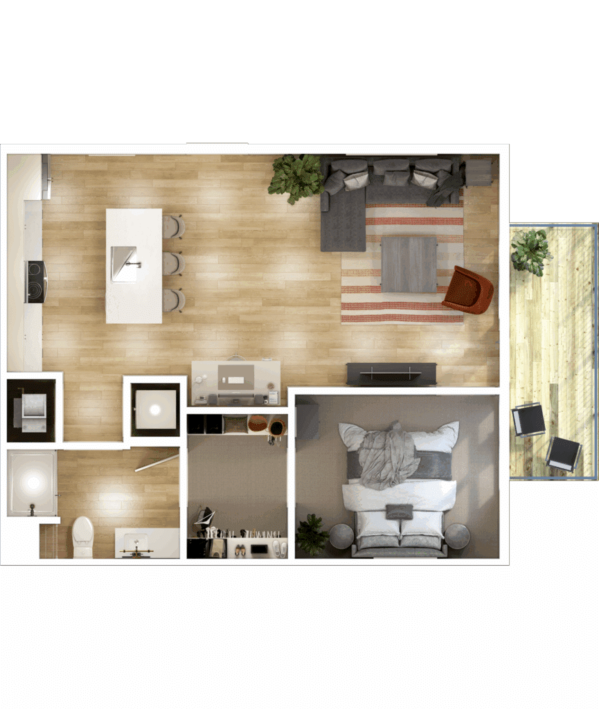 Top-down view of a modern studio apartment layout featuring a bedroom, bathroom, kitchen with island, living area, workspace, and outdoor balcony with seating.