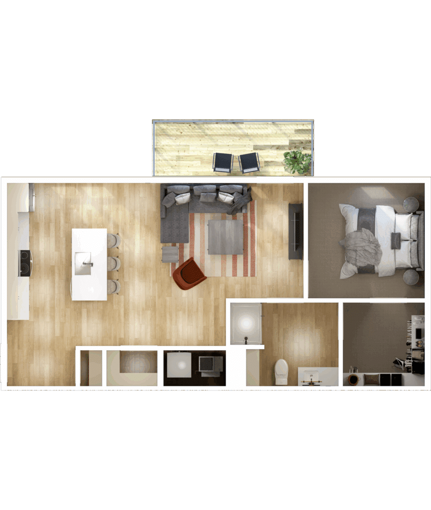 Top-down view of a modern studio apartment layout featuring an open kitchen, living area, bathroom, and balcony with two chairs and a small table.
