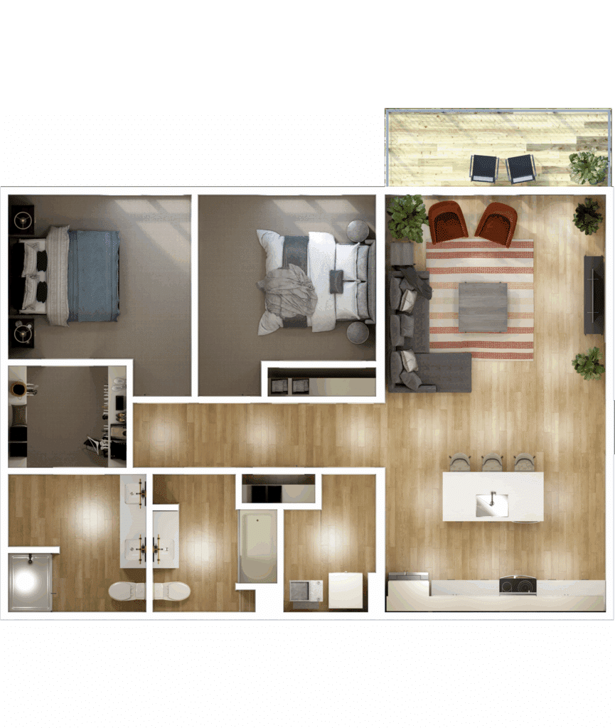 A top-down view of a modern studio apartment cleverly converted into a two-bedroom floor plan with an open living area, kitchen, balcony, bathroom, and laundry room.