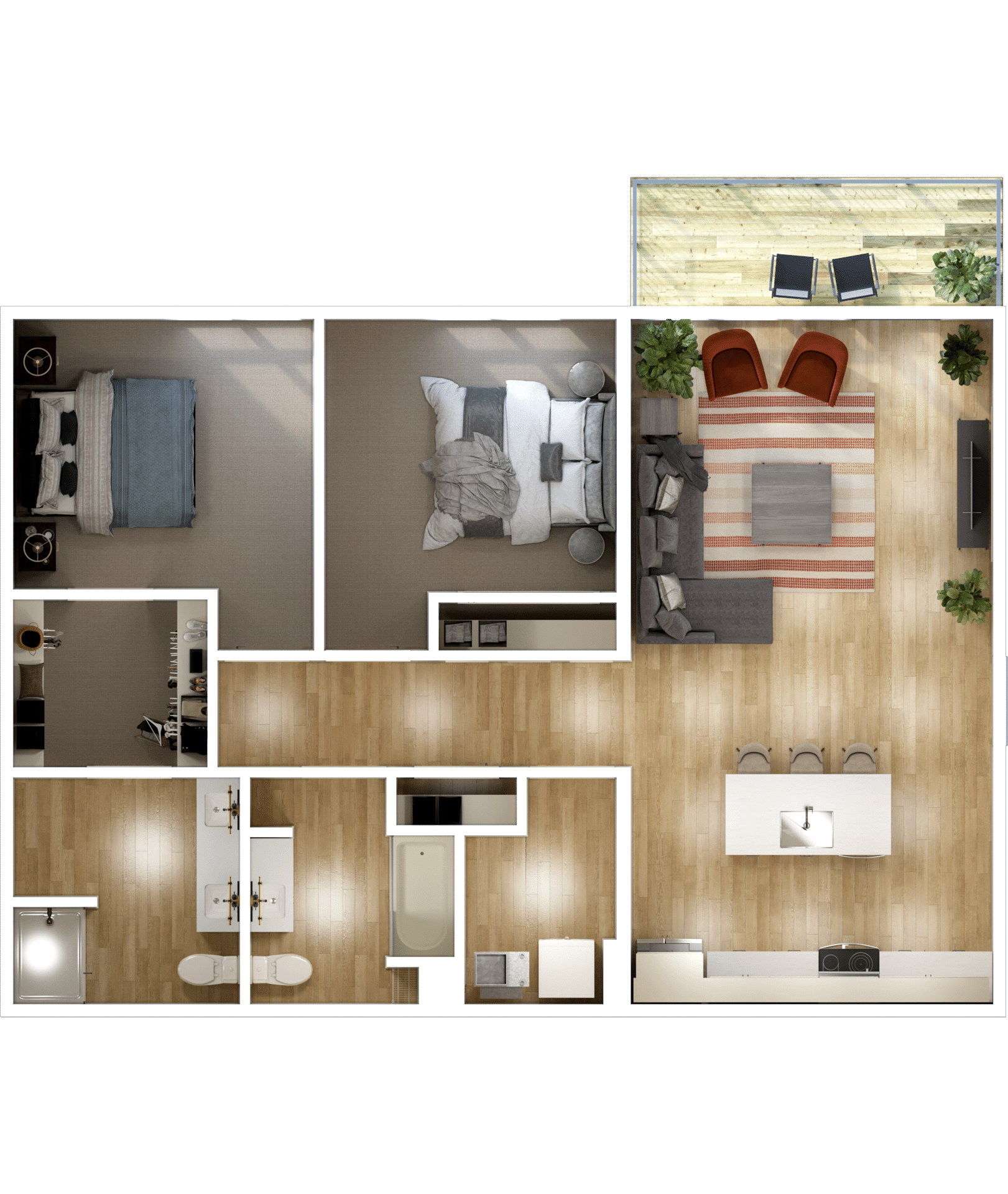 A top-down view of a modern studio apartment cleverly converted into a two-bedroom floor plan with an open living area, kitchen, balcony, bathroom, and laundry room.