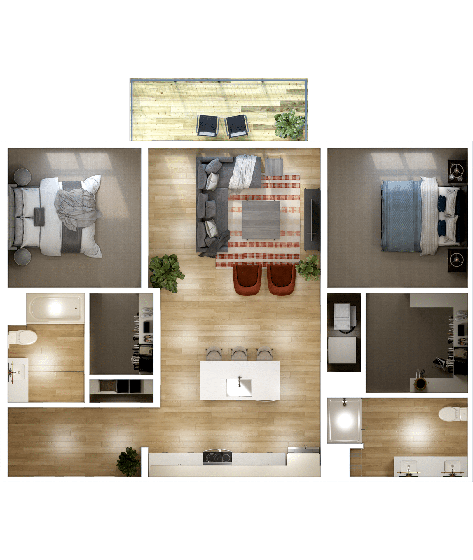 A top-down view of a studio apartment or two-bedroom floor plan featuring a balcony, living room, kitchen, two bathrooms, and bedrooms, all with modern furnishings.