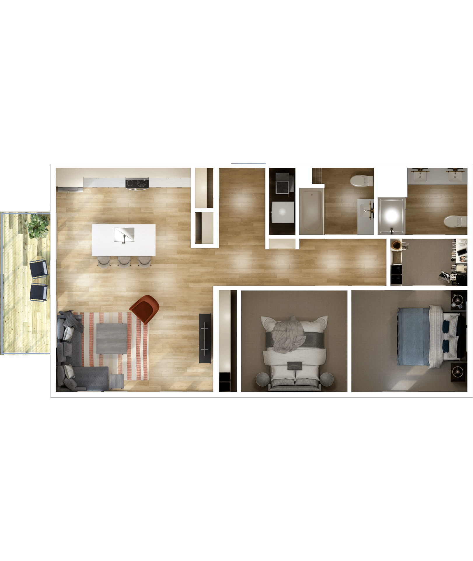 A top-down view of a spacious two-bedroom apartment floor plan featuring a living room, dining area, kitchen, two bathrooms, and an outdoor patio—perfect for those seeking more space than a typical studio apartment.