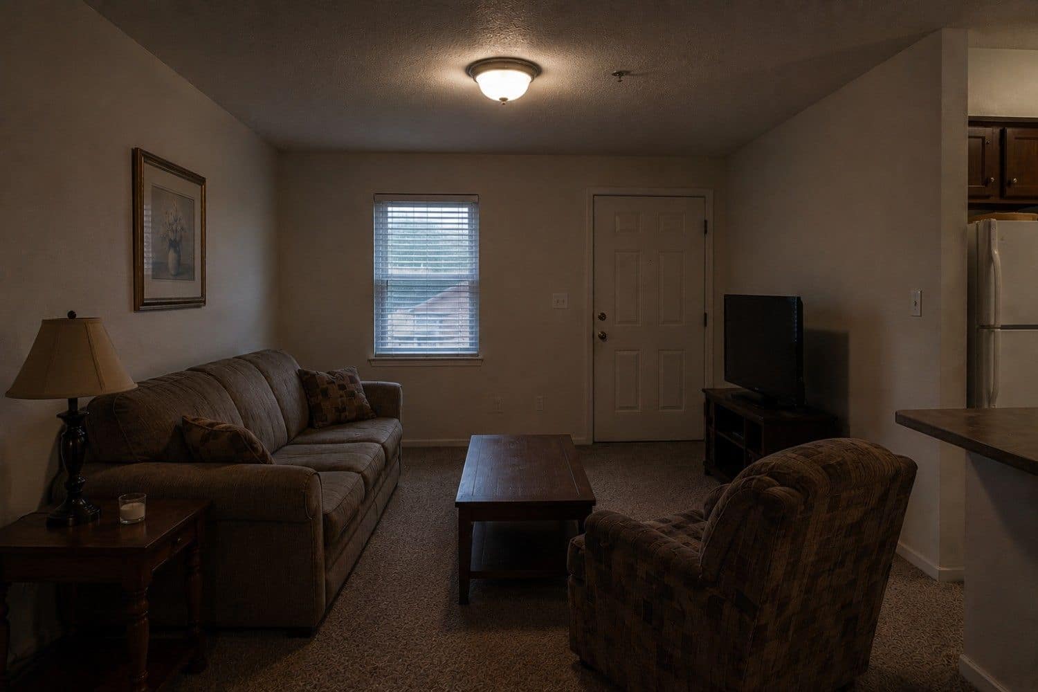 A dimly lit living room with a couch, armchair, coffee table, side table with a lamp, TV on a stand, window with blinds, and a closed door.