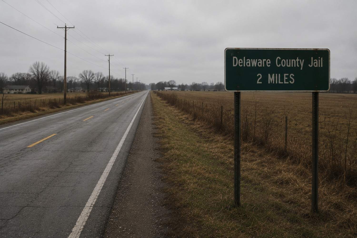A rural road stretches into the distance under a cloudy sky, with a sign on the right reading "Delaware County Jail 2 Miles.